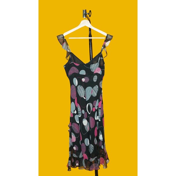 1990s-Y2K MICA Dot Print Adjustable Bust ASYMMETRICALDress W/Flutter Sleeves S-M - Picture 3 of 9